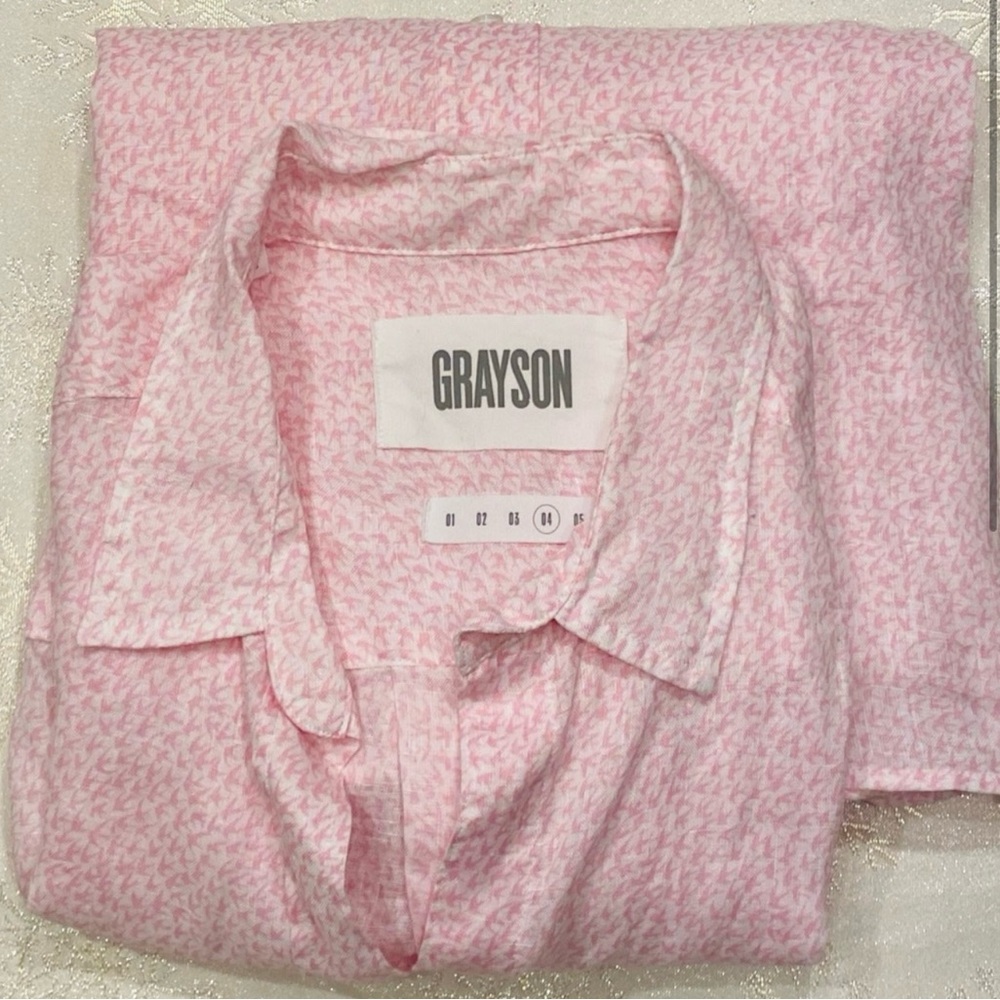 Frank & Eileen “Grayson hero” button down white Linen pink birds Size 4 large SA